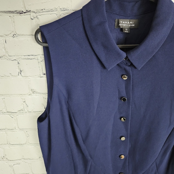TAHARI | Kyle navy crepe sleeveless keyhole back shirt dress - Picture 2 of 11